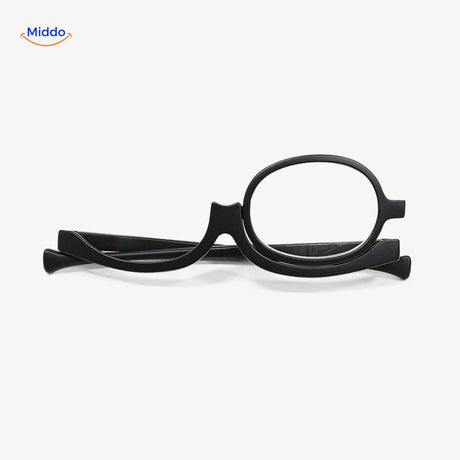 Collapsible rotating makeup reader glasses with single rotating lens design.