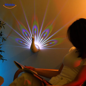 Adjustable LED colors creating vibrant peacock tail light effect on wall.