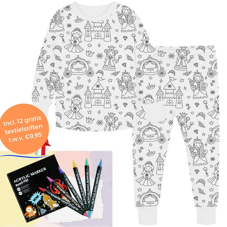 Princess-theme color-your-own pajama with 12-piece colored marker set.