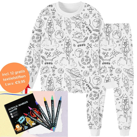 Space mission-theme color-your-own pajama with 12-piece marker set.