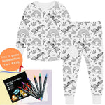 Unicorn-design color-your-own pajama with 12-piece colored marker set.