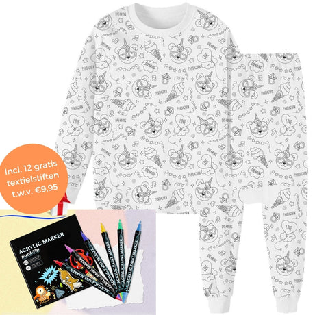 Unicorn pajama with soft ice cream design, 12-piece marker set included.