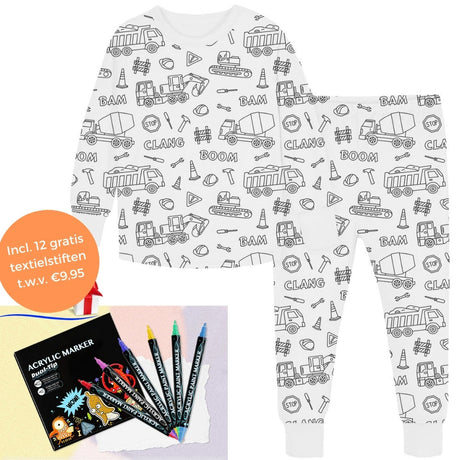 Vehicle-theme color-your-own pajama with 12-piece marker set included.