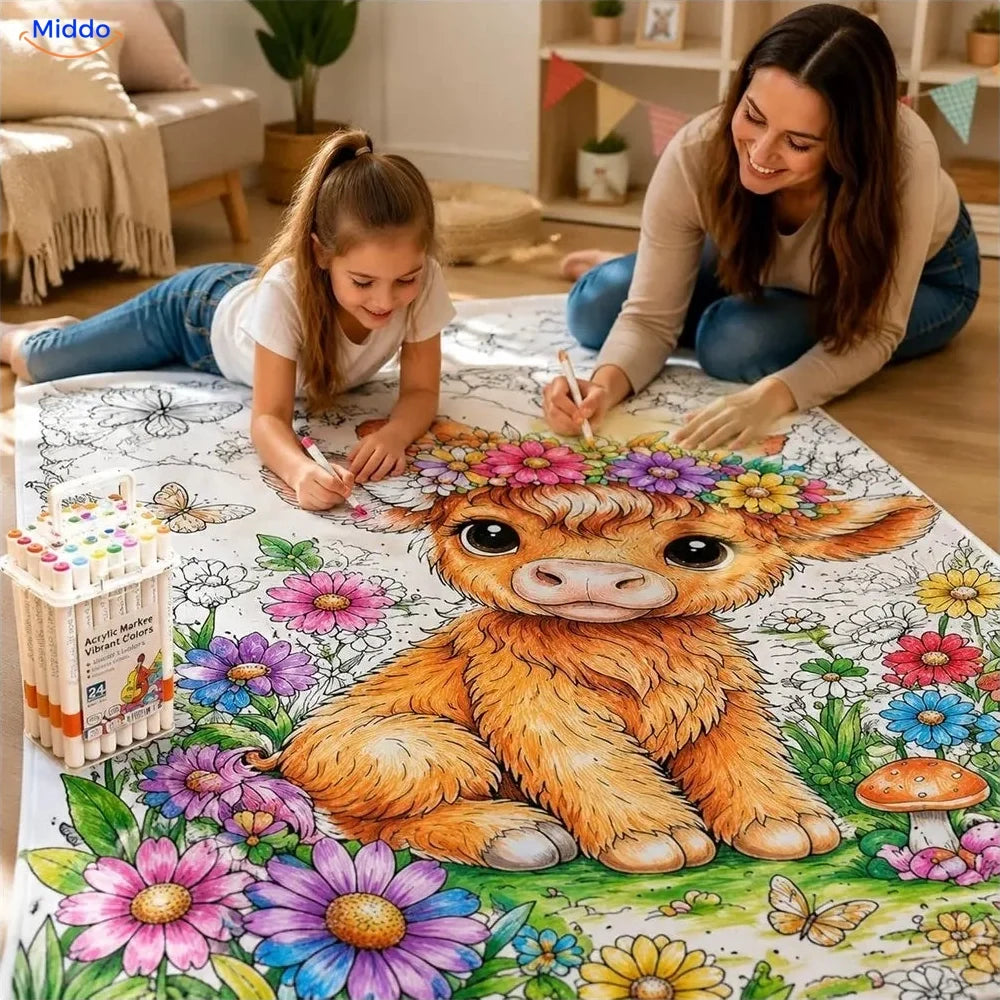 ColorFlow coloring blanket - Highland Calf with Flowers