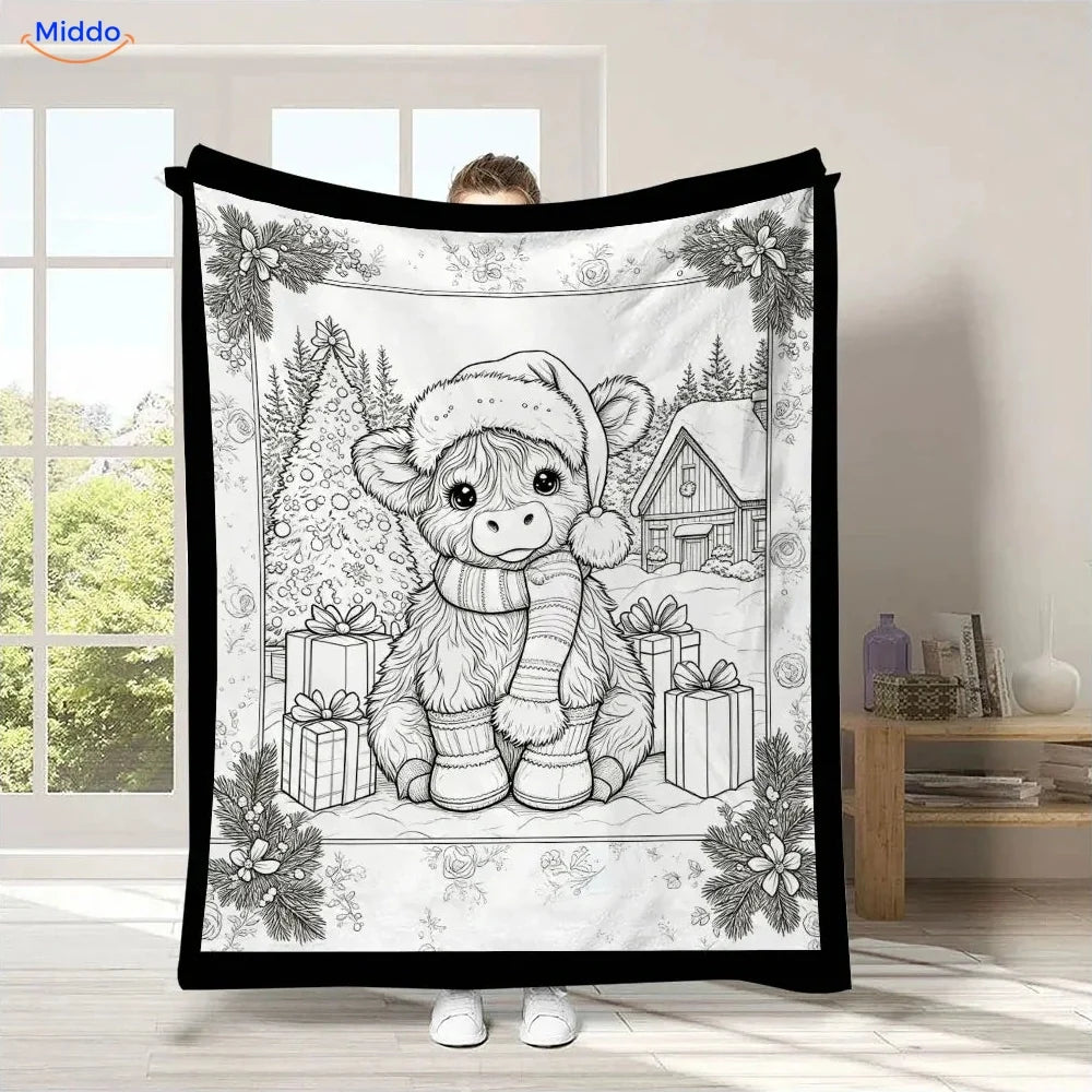 ColorFlow coloring blanket - Highland Calf with Santa Hat