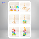 Complete colorful wooden ball run tree ready for play.