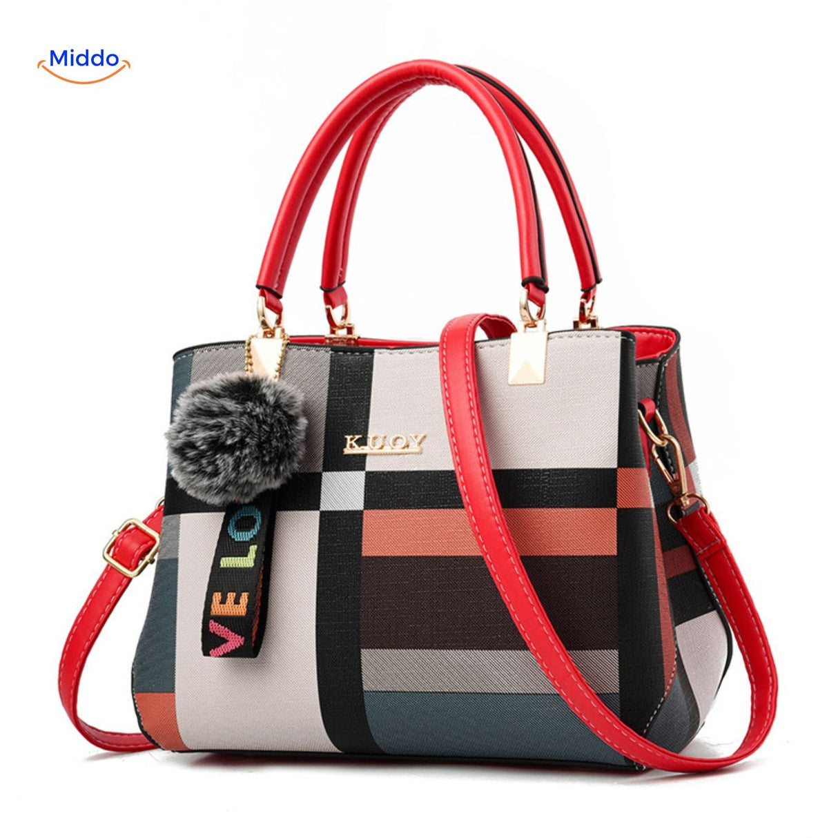 Colorful floral design spacious tote with decorative pom-pom.
