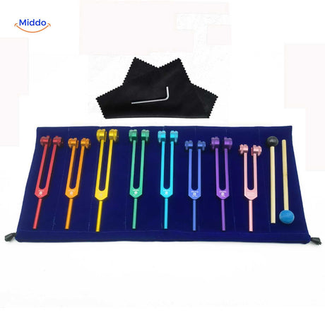 Complete colorful healing tuning fork set with all accessories.