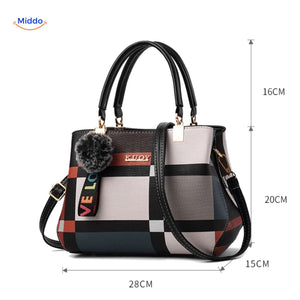 Colorful tote design with pom-pom showing bag dimensions and styling.