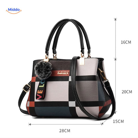 Colorful tote design with pom-pom showing bag dimensions and styling.