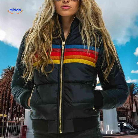 Colorwave women's black retro puffer jacket with multicolor block panels, front view