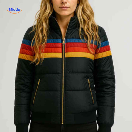 Colorwave black retro puffer jacket with bold multicolor stripe detail, front view