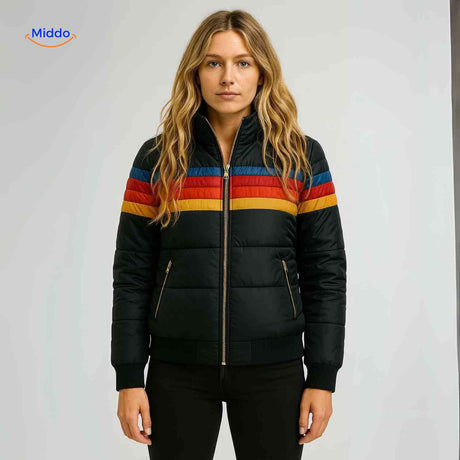 Colorwave women's black retro puffer jacket with zip closure, full front view