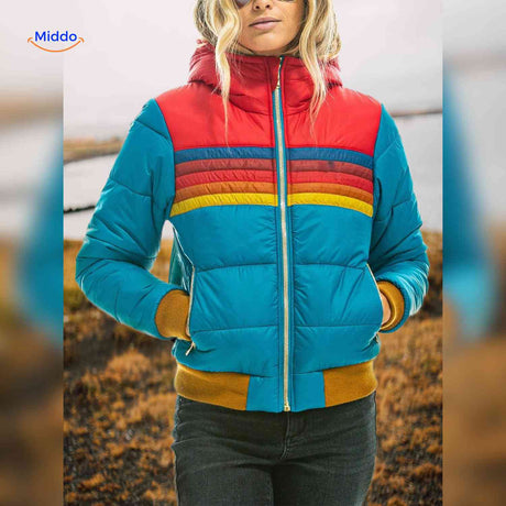 Colorwave women's retro puffer jacket in blue and red winter colorblock, front view