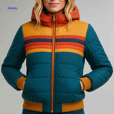 Colorwave women's lightweight puffer jacket in green and orange retro colorblock, front view