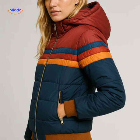 Colorwave women's puffer jacket in dark navy and red retro stripe pattern, front view