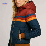 Colorwave women's puffer jacket in dark navy and red retro stripe pattern, front view