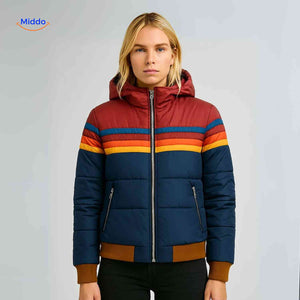 Colorwave women's retro puffer jacket in red and blue colorblock with hood, front view