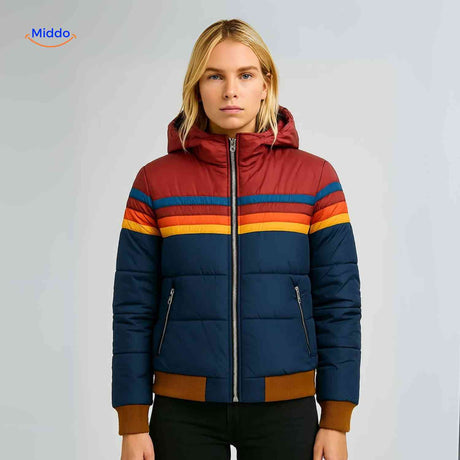 Colorwave women's retro puffer jacket in red and blue colorblock with hood, front view