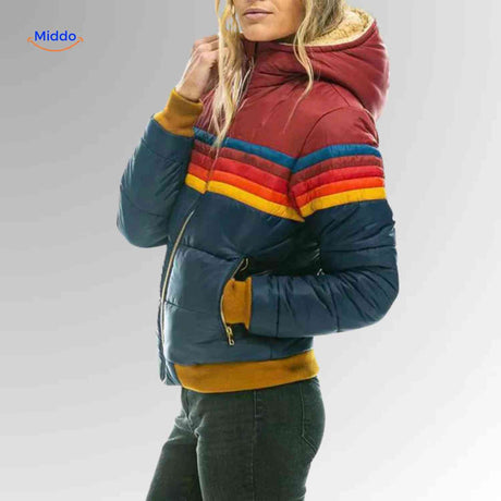Colorwave lightweight retro winter puffer jacket with vibrant color stripe design, lifestyle view