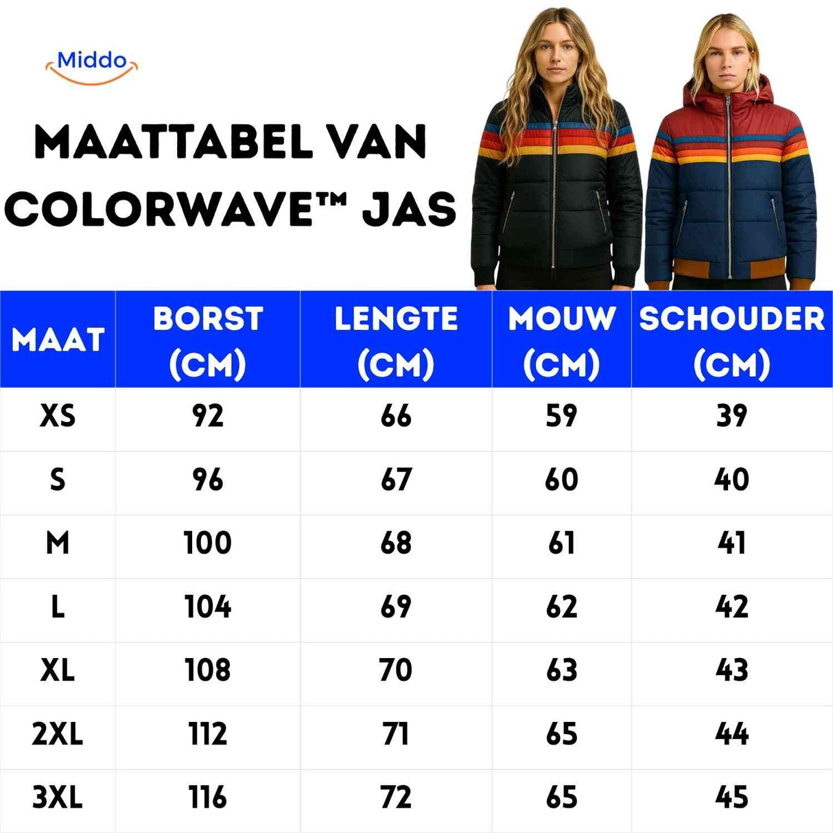 Colorwave lightweight puffer jacket size chart showing measurements for all available sizes