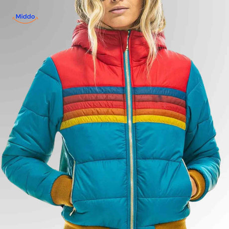 Colorwave lightweight puffer jacket in turquoise retro style with zip closure, front view