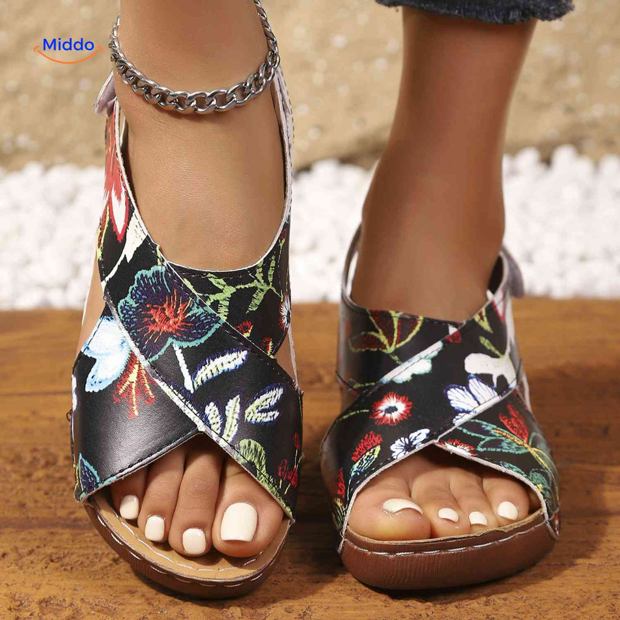 Stylish orthopedic sandals with print design combining fashion and foot support.