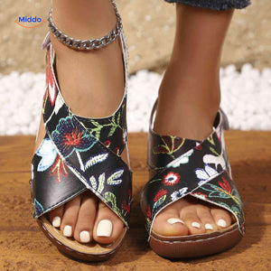 Stylish orthopedic sandals with print design combining fashion and foot support.