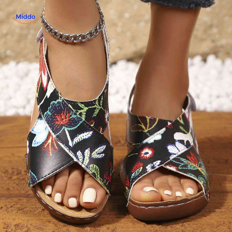 Stylish orthopedic sandals with print design combining fashion and foot support.