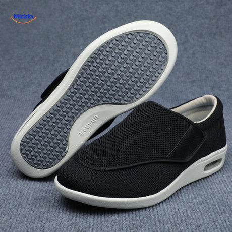 Black comfort shoes with easy velcro strap closure for all-day support.