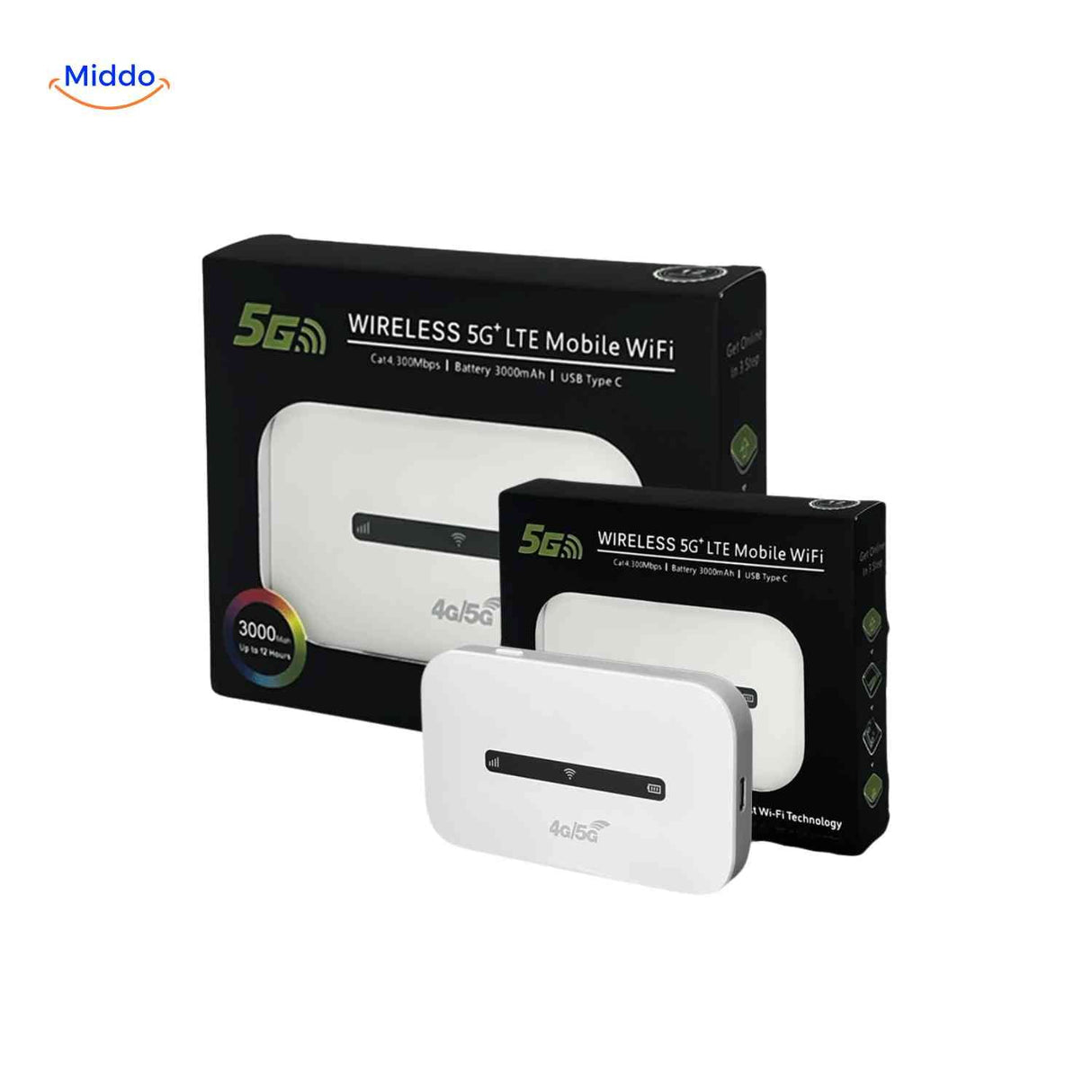 Compact 5G router shown in product packaging.