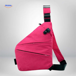 Compact pink crossbody bag detailed product view.