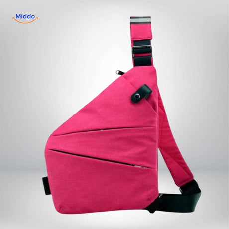 Compact pink crossbody bag detailed product view.