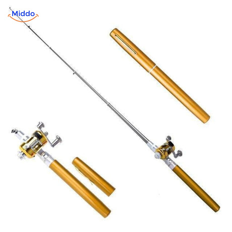 Gold compact telescopic fishing rod in use on a kayak, perfect for on-the-water travel fishing.