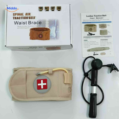 Complete beige back support belt set with packaging and user guide.