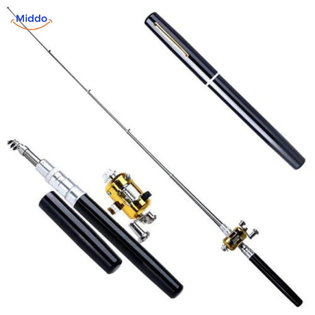 Complete telescopic fishing rod kit in black showing all accessories, reel, and carry bag included.