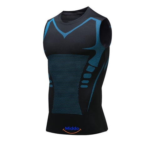 Men's compression vest in black and blue colorway for enhanced posture and body contouring.