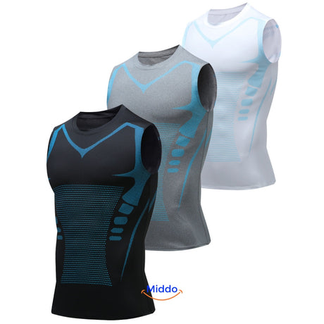VitaBoost PowerVest men's compression vest in striking blue multi-color design for athletic support.