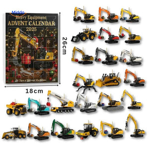 Boy hanging mini excavator toy decoration from Christmas tree.