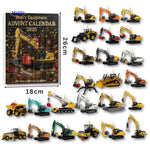 Boy hanging mini excavator toy decoration from Christmas tree.