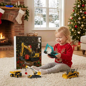Excavator toy and advent calendar construction vehicles displayed together.