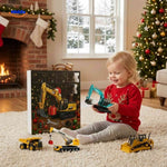 Excavator toy and advent calendar construction vehicles displayed together.