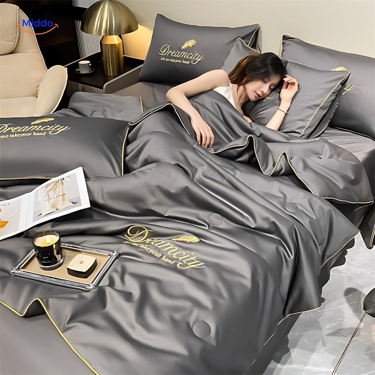 Charcoal gray cooling blanket, a neutral choice for any bedroom aesthetic.