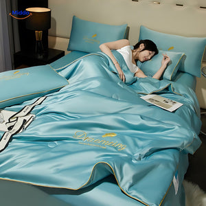 Premium sky blue cooling blanket, ideal for modern bedroom decor.