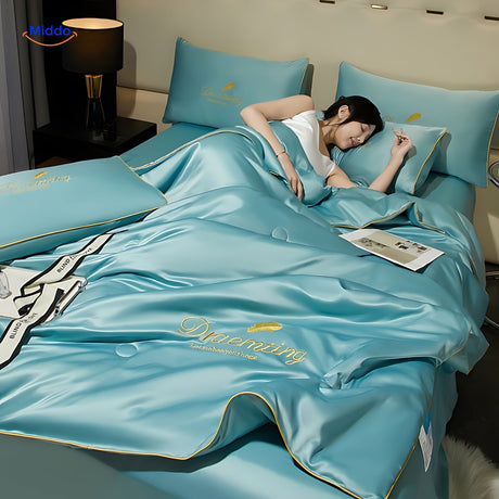 Premium sky blue cooling blanket, ideal for modern bedroom decor.