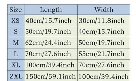 Cooling pet mat size guide showing available dimensions and fits.