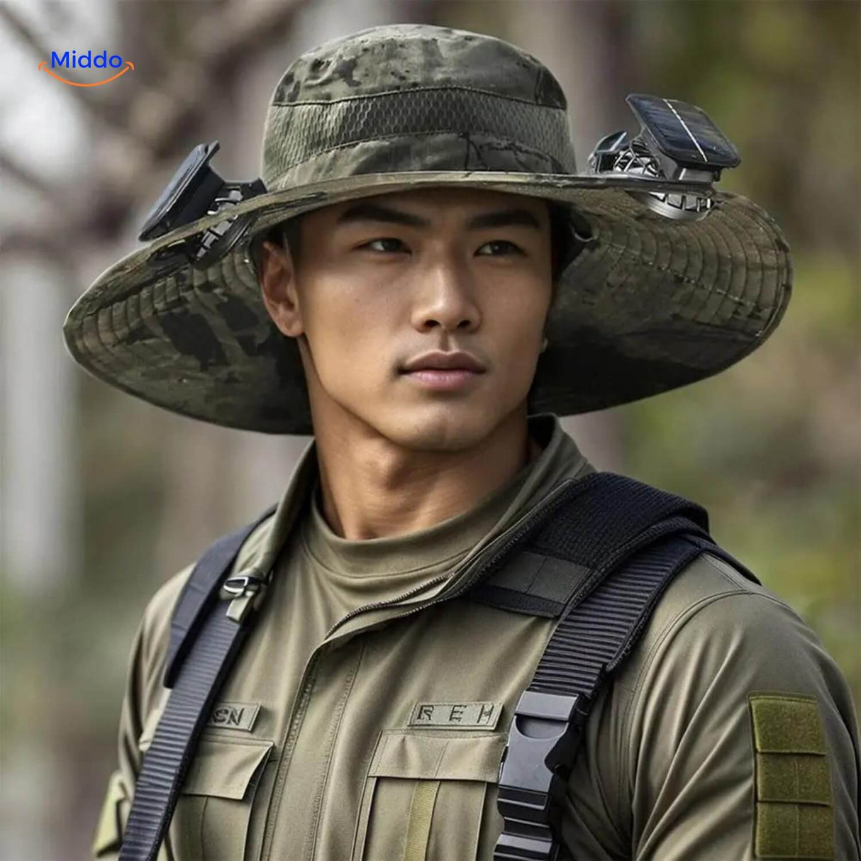 Outdoor cooling hat with solar fan technology for hot weather protection.