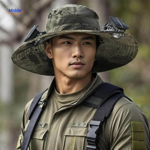 Outdoor cooling hat with solar fan technology for hot weather protection.