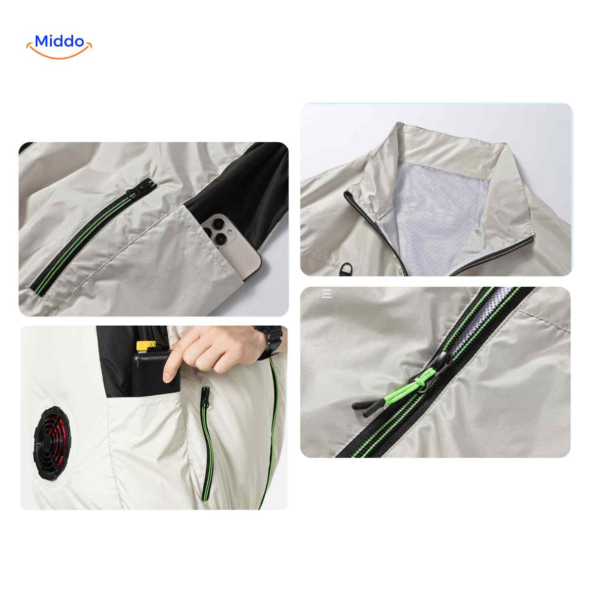Sleeveless cooling vest featuring dual fan ports and multiple storage pockets.