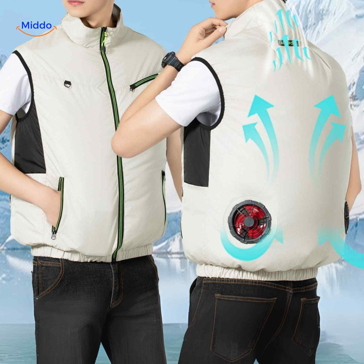 White cooling vest rear view showing dual fan ports and air circulation technology.